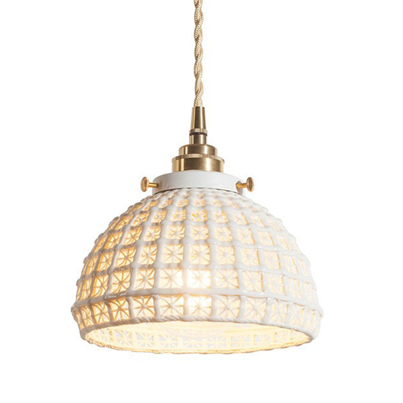 White Ceramic Domed Basket Pendant Lamp - Modern 1-Head Hanging Light for Kitchen Hallway