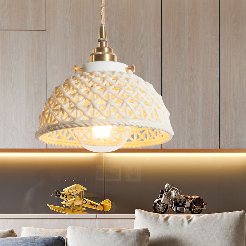 Modern Ceramic Domed Pendant Lamp - White Single Head Hanging Light For Kitchen & Hallway / 6.5