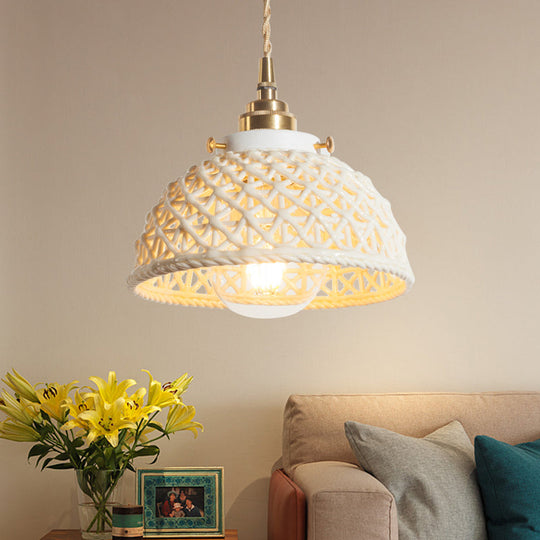 Modern Ceramic Domed Pendant Lamp - White Single Head Hanging Light For Kitchen & Hallway