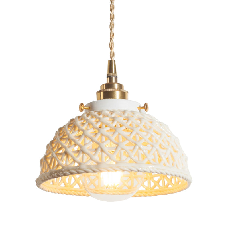 Modern Ceramic Domed Pendant Lamp - White Single Head Hanging Light For Kitchen & Hallway