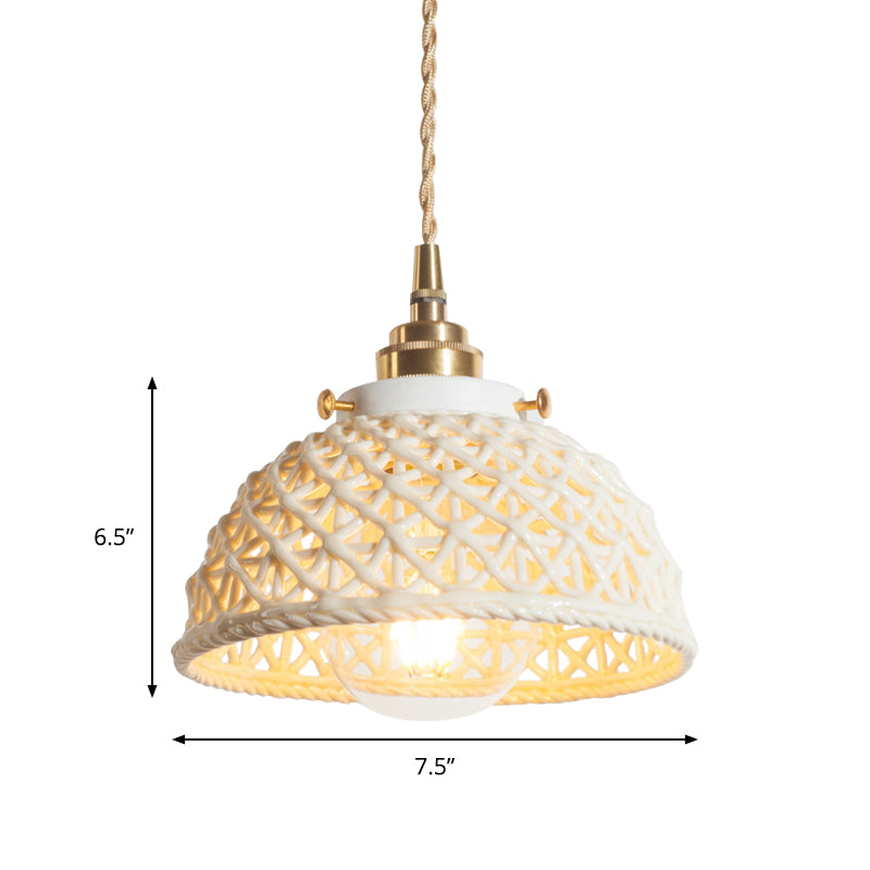 White Ceramic Domed Basket Pendant Lamp - Modern 1-Head Hanging Light for Kitchen Hallway