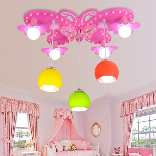 Pink Butterfly Wood Ceiling Lamp: Lovely Semi Flush Mount with 7 Lights for Girls Bedroom