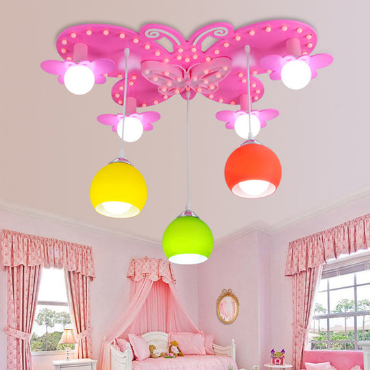 Pink Butterfly Wood Ceiling Lamp With 7 Semi Flush Mount Lights - Ideal For Girls Bedroom