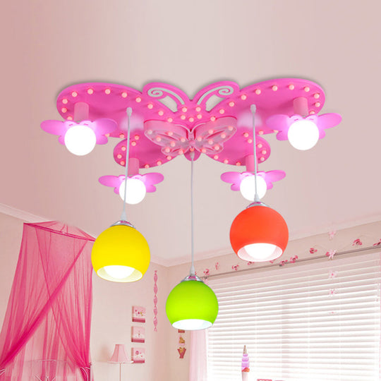 Pink Butterfly Wood Ceiling Lamp With 7 Semi Flush Mount Lights - Ideal For Girls Bedroom