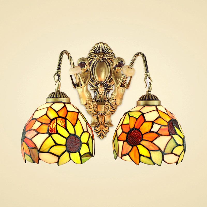 Yellow Glass Sunflower Wall Mount Sconce Light With 2 Lights For Bathroom Vanity By Tiffany