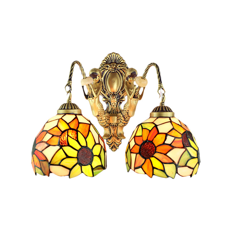 Yellow Glass Sunflower Wall Mount Sconce Light With 2 Lights For Bathroom Vanity By Tiffany