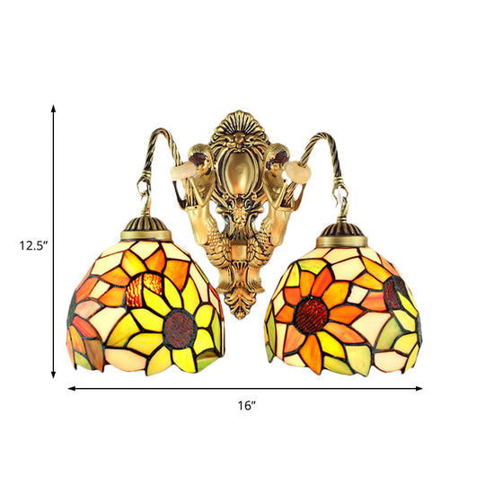 Yellow Glass Sunflower Wall Mount Sconce Light With 2 Lights For Bathroom Vanity By Tiffany