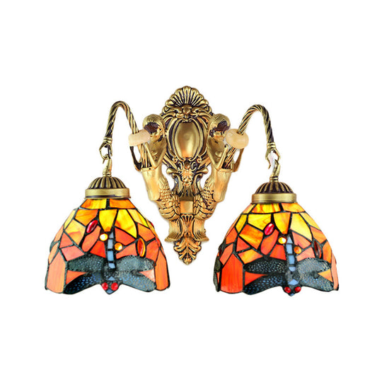 Tiffany Brass/White Stained Glass 2-Head Dome Sconce Wall Mount Light With Dragonfly Pattern