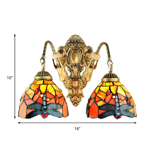 Tiffany Brass/White Stained Glass 2-Head Dome Sconce Wall Mount Light With Dragonfly Pattern