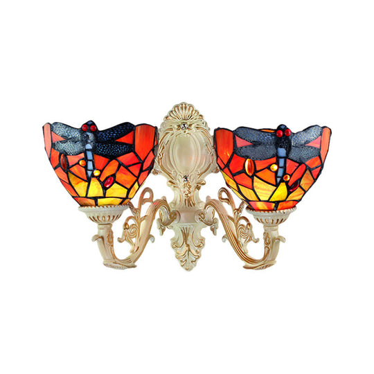 Tiffany Brass/White Stained Glass 2-Head Dome Sconce Wall Mount Light With Dragonfly Pattern