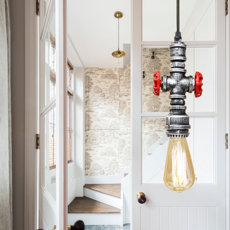 Vintage 1-Head Metal Pendant Light with Exposed Bulb - Antique Black/Silver Finish for Restaurant Hanging, Pipe and Valve Design