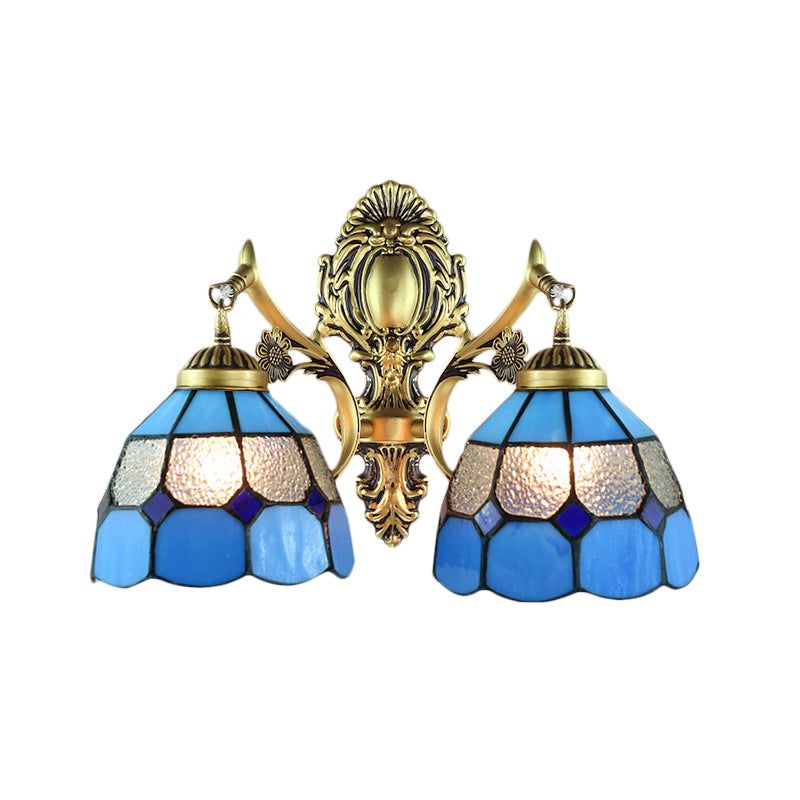 Vintage Stained Glass Wall Mount Lighting Fixture - 2-Headed Blue Perfect For Stairways