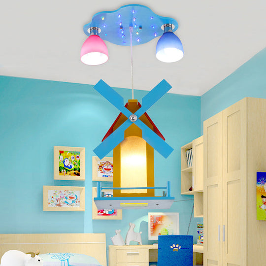 Cartoon House Ceiling Light: Windmill Metal 3-Light Blue Semi Flush for Shops