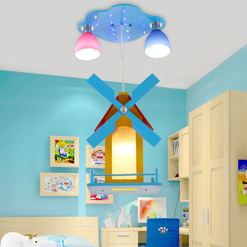 Cartoon House Ceiling Light: Windmill Metal 3-Light Blue Semi Flush For Shops