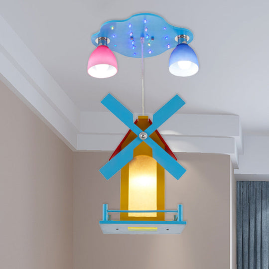 Cartoon House Ceiling Light: Windmill Metal 3-Light Blue Semi Flush for Shops