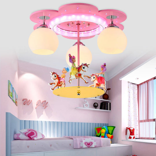 3-Light Pink Carousel Flush Mount: Lovely Metal Ceiling Lamp for Child Bedroom