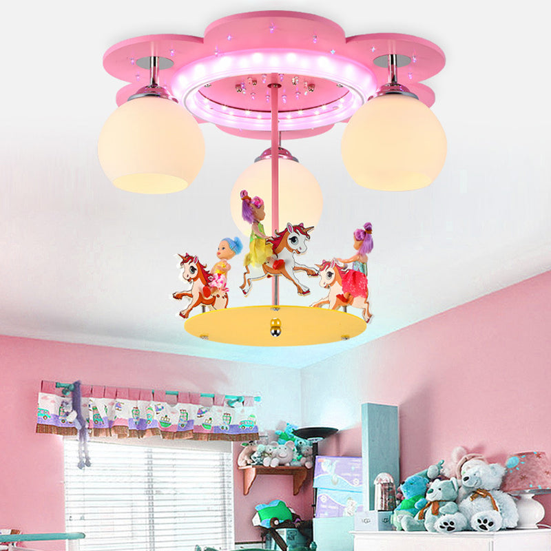 3-Light Pink Carousel Flush Mount: Lovely Metal Ceiling Lamp for Child Bedroom