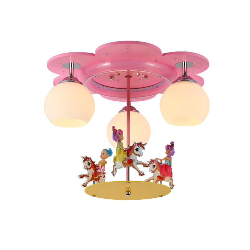 3-Light Pink Carousel Flush Mount: Lovely Metal Ceiling Lamp for Child Bedroom