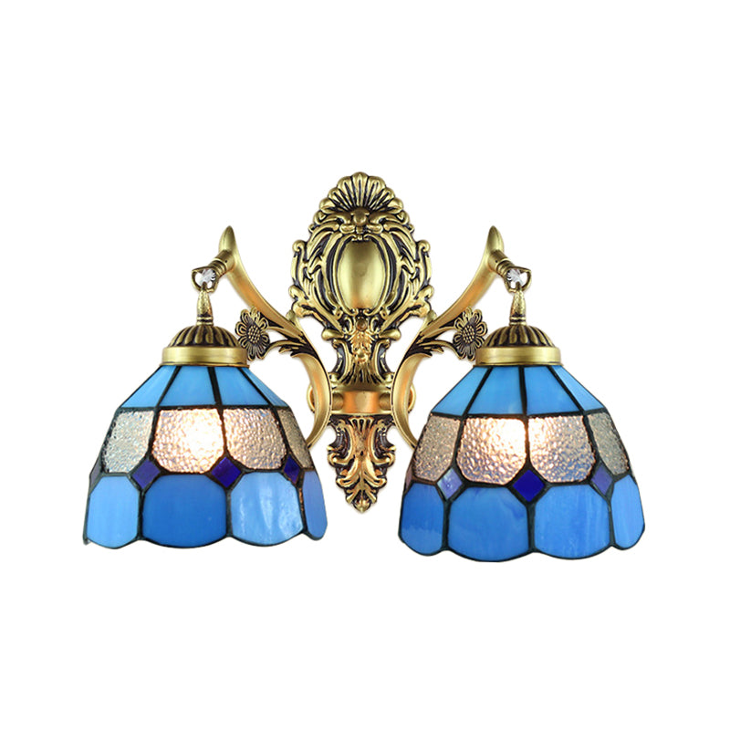 Retro-Style Multicolored Stained Glass Wall Lamp With Scalloped Shade - 2 Headed Fixture For Dining