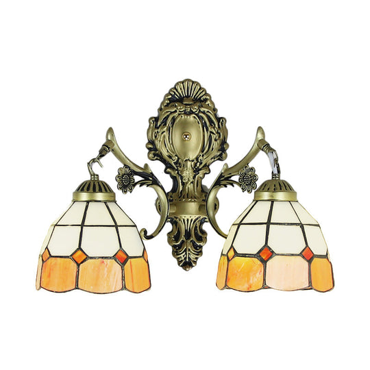 Retro-Style Multicolored Stained Glass Wall Lamp With Scalloped Shade - 2 Headed Fixture For Dining