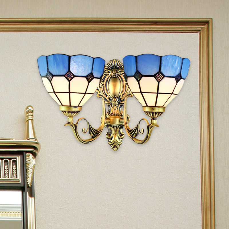 Retro-Style Multicolored Stained Glass Wall Lamp With Scalloped Shade - 2 Headed Fixture For Dining