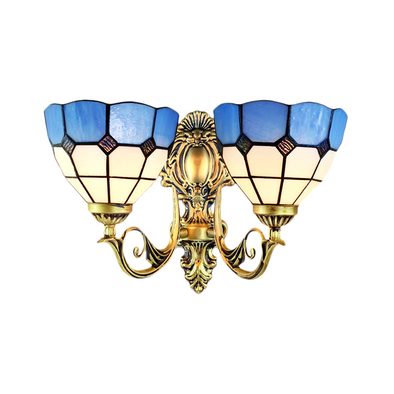 Retro-Style Multicolored Stained Glass Wall Lamp With Scalloped Shade - 2 Headed Fixture For Dining