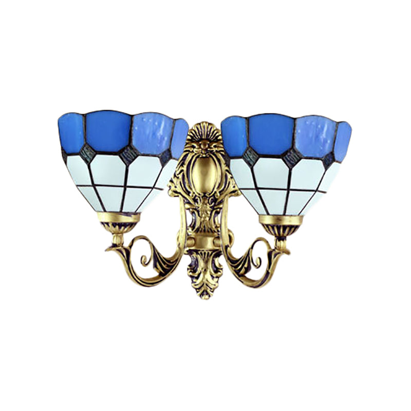 Retro-Style Multicolored Stained Glass Wall Lamp With Scalloped Shade - 2 Headed Fixture For Dining