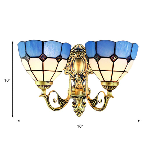 Retro-Style Multicolored Stained Glass Wall Lamp With Scalloped Shade - 2 Headed Fixture For Dining