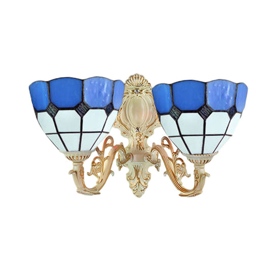 Retro-Style Multicolored Stained Glass Wall Lamp With Scalloped Shade - 2 Headed Fixture For Dining