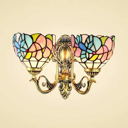 Rustic Stained Glass Wall Lamp With Art Pattern - 2 Head Fixture For Dining Room