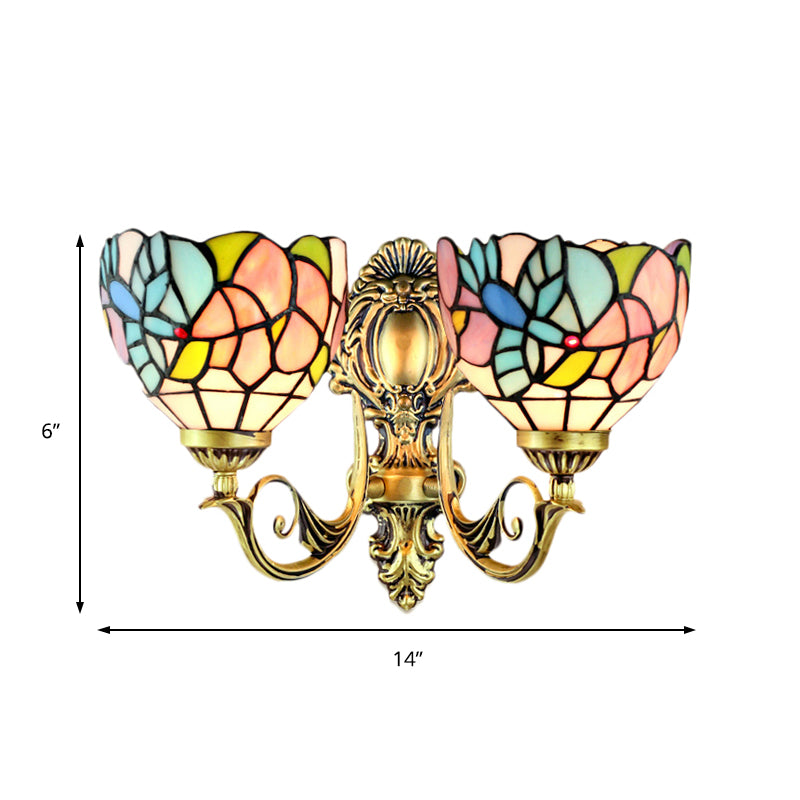 Rustic Stained Glass Wall Lamp With Art Pattern - 2 Head Fixture For Dining Room