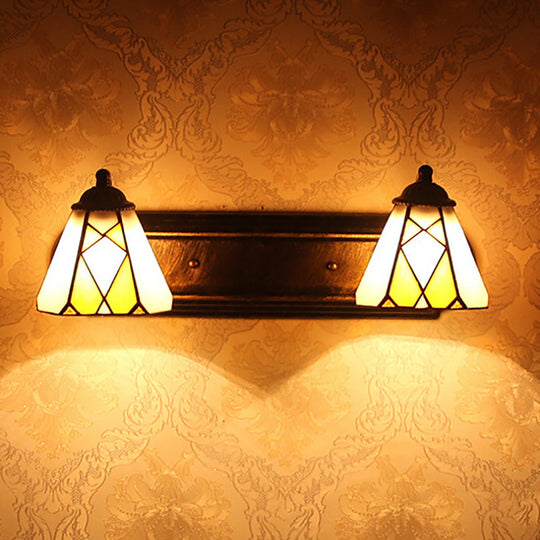 Yellow Glass Cone Sconce Tiffany Bronze Wall Mount Light - 2 Heads Bedroom Lighting