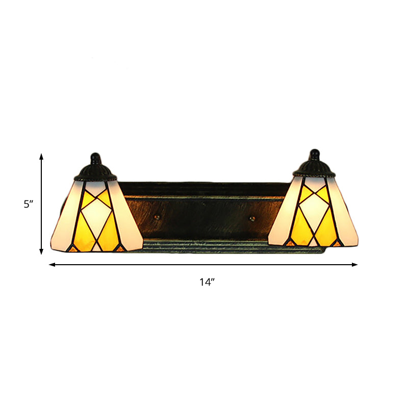 Yellow Glass Cone Sconce Tiffany Bronze Wall Mount Light - 2 Heads Bedroom Lighting