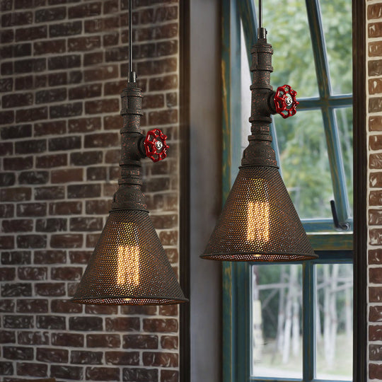 Vintage Rustic Mesh Screen Pendant Light With Cone Shade And Valve - Bulb Included Rust