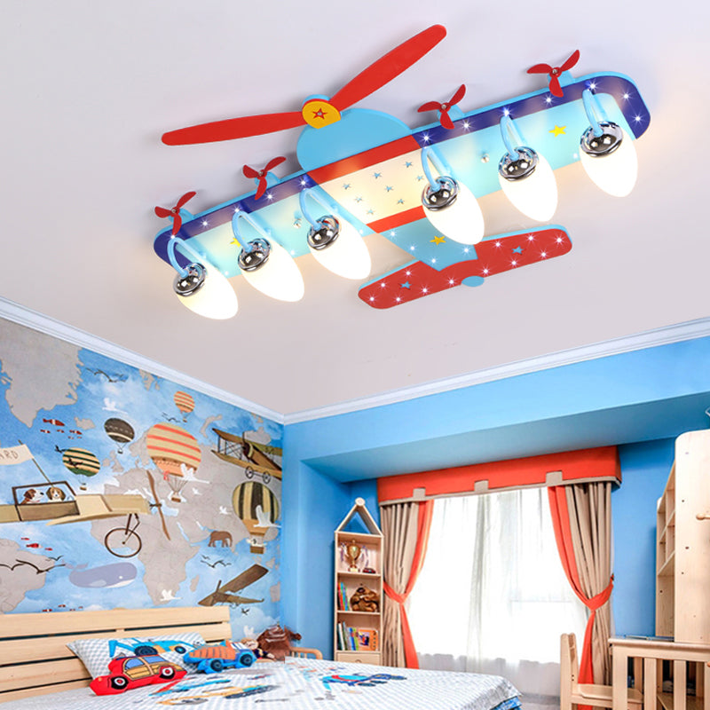 Plafonnier Avion de Dessin Animé Bleu avec Hélice en Bois - Parfait pour les Chambres de Bébé !