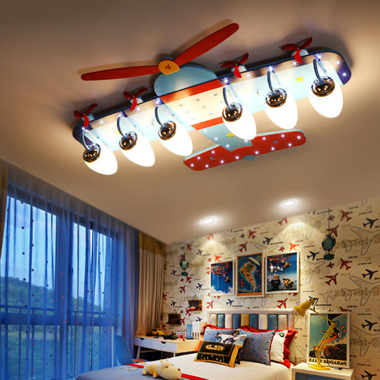 Blue Cartoon Plane Ceiling Light With Wood Propeller - Perfect For Baby Bedrooms!