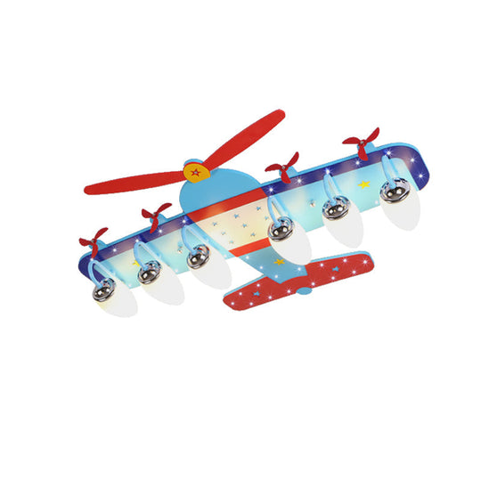 Blue Cartoon Plane Ceiling Light With Wood Propeller - Perfect For Baby Bedrooms!