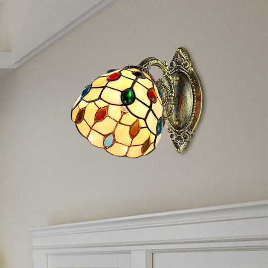 Retro Style Stained Glass Wall Sconce With Jewel Pattern In Yellow - 1 Light Dome Shade