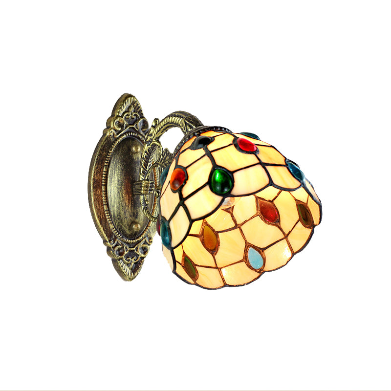 Retro Style Stained Glass Wall Sconce With Jewel Pattern In Yellow - 1 Light Dome Shade