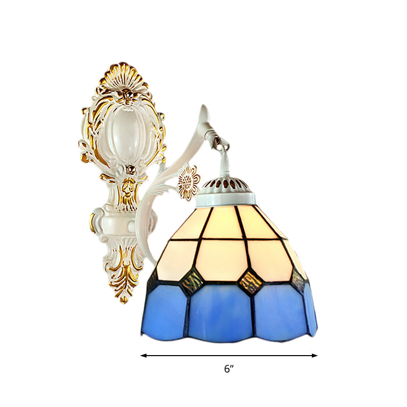 Retro Style Stained Glass Wall Sconce - 1 Light Dome-Shaped In White Finish Perfect For Foyer