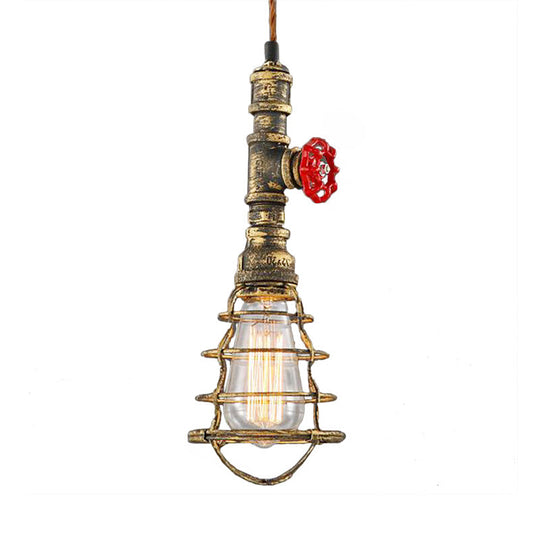 Farmhouse Style Metal Wire Cage Pendant Light with Valve Design in Black/Red Finish - Indoor Hanging Fixture [1-Light]