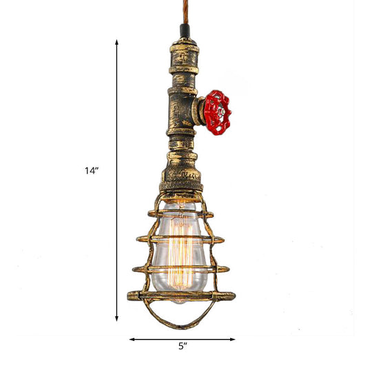 Farmhouse Style Metal Wire Cage Pendant Light with Valve Design in Black/Red Finish - Indoor Hanging Fixture [1-Light]