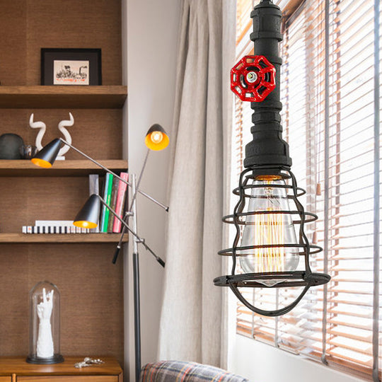 Farmhouse Style Metal Wire Cage Pendant Light with Valve Design in Black/Red Finish - Indoor Hanging Fixture [1-Light]