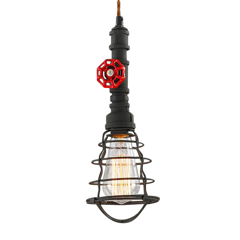 Farmhouse Style Metal Wire Cage Pendant Light with Valve Design in Black/Red Finish - Indoor Hanging Fixture [1-Light]