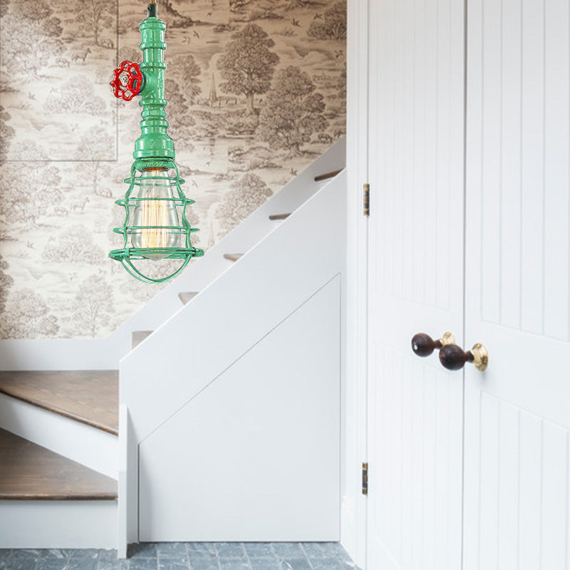 Farmhouse Style Metal Wire Cage Pendant Light With Valve Design - Black/Red Finish Indoor Hanging