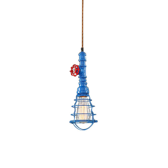 Farmhouse Style Metal Wire Cage Pendant Light with Valve Design in Black/Red Finish - Indoor Hanging Fixture [1-Light]