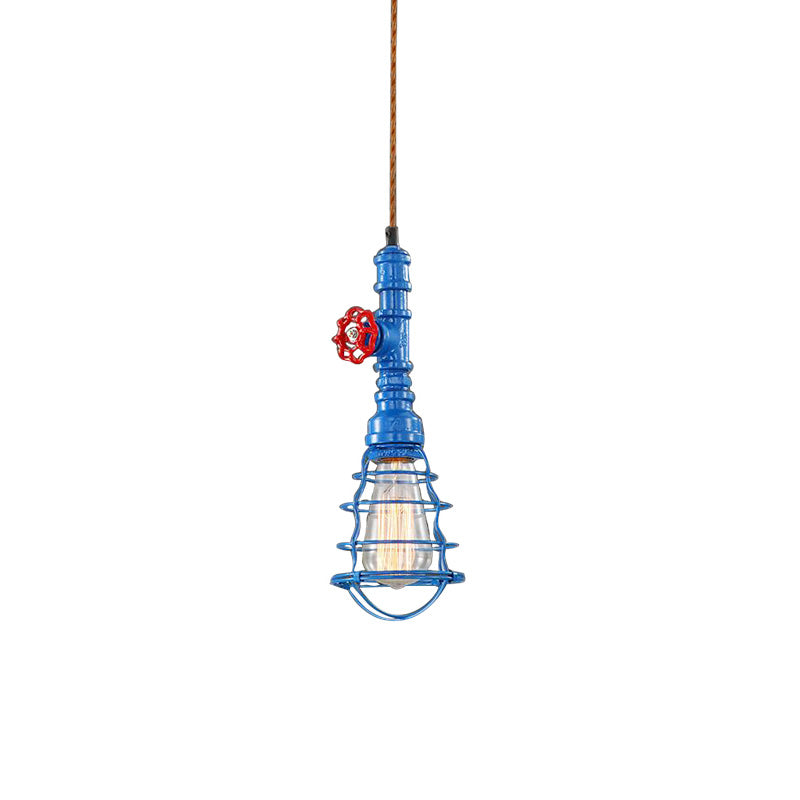 Farmhouse Style Metal Wire Cage Pendant Light With Valve Design - Black/Red Finish Indoor Hanging