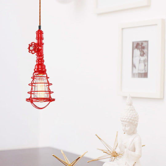 Farmhouse Style Metal Wire Cage Pendant Light with Valve Design in Black/Red Finish - Indoor Hanging Fixture [1-Light]