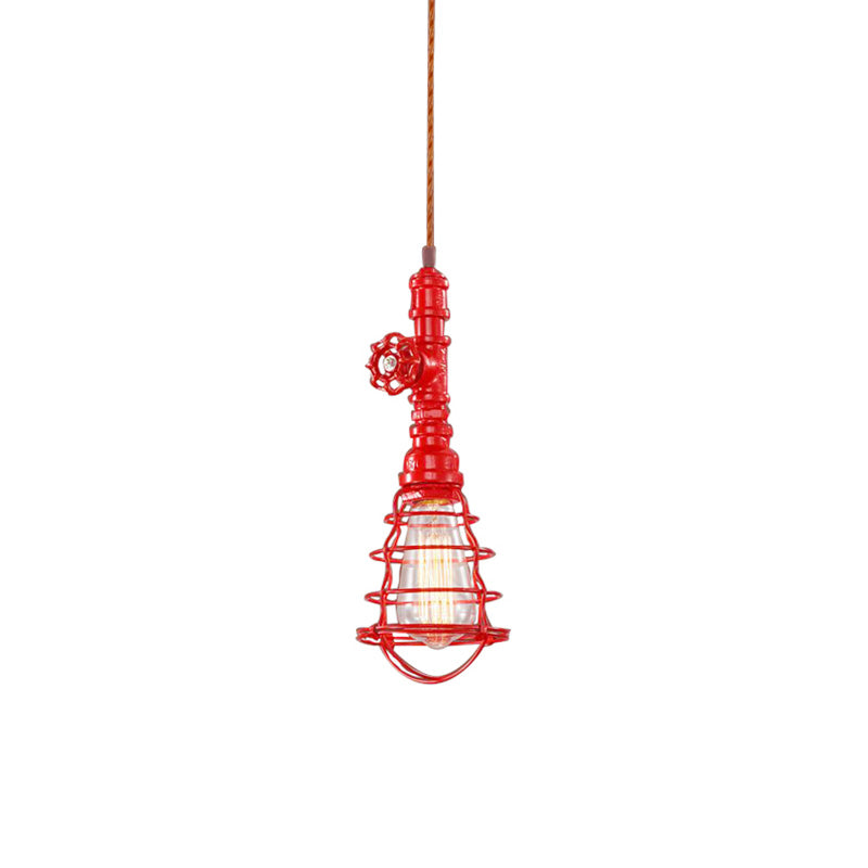 Farmhouse Style Metal Wire Cage Pendant Light with Valve Design in Black/Red Finish - Indoor Hanging Fixture [1-Light]