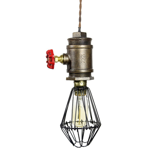 1-Bulb Industrial Wire Pendant Lighting with Red Valve - Bronze Ceiling Fixture